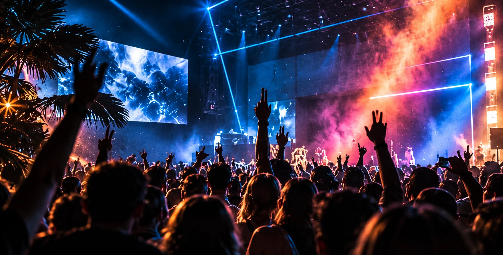 A live crowd under blue and amber stage lights